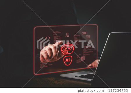 Artificial intelligence threat warning sign man using computer red glowing robot symbol digital brain cybercrime data breach smart automation system future technology machine learning. Artificial intelligence threat warning sign man using computer red glowing robot symbol digital brain cybercrime data breach smart automation system future technology machine learning. 137234763
