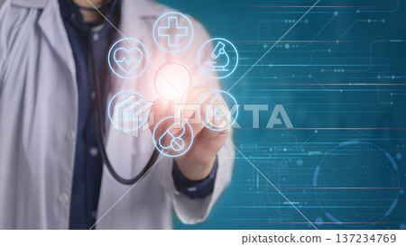 Doctor uses digital technology, stethoscope touching virtual screen, symbolizing modern telemedicine future. Healthcare professional connecting patient data, advanced diagnosis, innovation concept. Doctor uses digital technology, stethoscope touching virtual screen, symbolizing modern telemedicine future. Healthcare professional connecting patient data, advanced diagnosis, innovation concept. 137234769