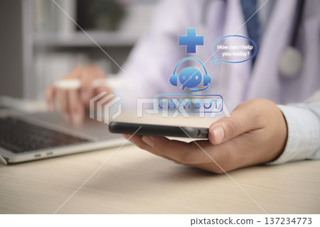 Medical AI chatbot technology. Patient hand holding mobile phone for online doctor consultation. Virtual assistant healthcare automation service. Telemedicine future hospital support concept. 137234773