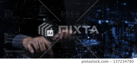 Businessman hand touching AI artificial intelligence icon. Digital technology, virtual interface, machine learning, neural network. Big data analysis dashboard, business innovation strategy. Businessman hand touching AI artificial intelligence icon. Digital technology, virtual interface, machine learning, neural network. Big data analysis dashboard, business innovation strategy. 137234780