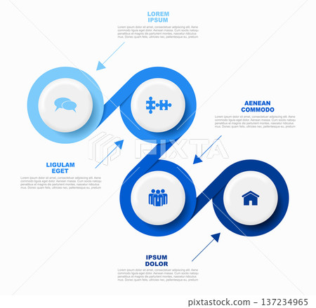 Horizontal flowchart with interconnected circular nodes and gradient icons, ideal for process, collaboration, service workflows. 137234965