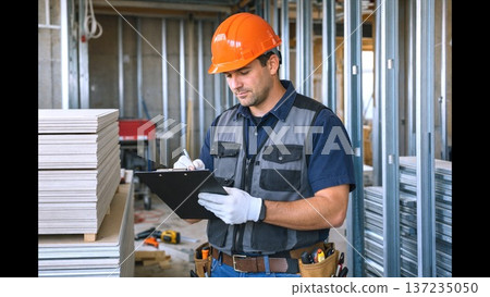 Expert Installer Aligning Panels With Precise Measuring Tools, Fastpaced Construction Activity Emphasizing Careful Measurement And Safety Protocols During Drywall Setup Expert Installer Aligning Panels With Precise Measuring Tools, Fastpaced Construction Activity Emphasizing Careful Measurement And Safety Protocols During Drywall Setup 137235050