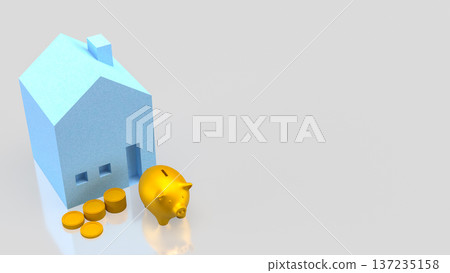 Golden Piggy Bank with House Investment Concept 3d render. 137235158