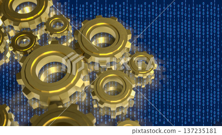 Digital Technology Concept with Golden Gears and Binary Code 3d render. Digital Technology Concept with Golden Gears and Binary Code 3d render. 137235181