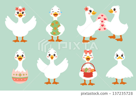 Cute Easter goose characters set in flat vector style Adorable geese with eggs cute vector illustration Goose characters Easter theme flat vector illustration Cute Easter goose characters set in flat vector style Adorable geese with eggs cute vector illustration Goose characters Easter theme flat vector illustration 137235728