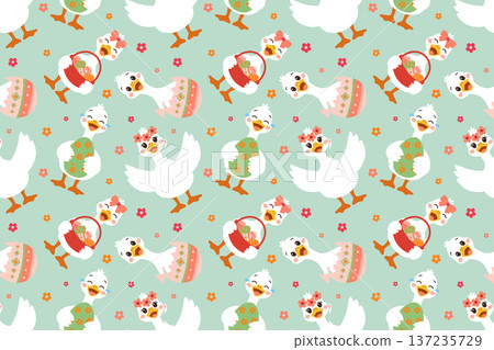Cute Easter goose seamless pattern with eggs flat vector Adorable Easter geese seamless colorful flat style Sweet Easter geese with eggs illustration 137235729