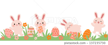 Adorable Easter bunny illustration with eggs spring grass Cute Easter rabbits and eggs horizontal flat vector illustration Sweet bunny scene flowers illustration 137235730