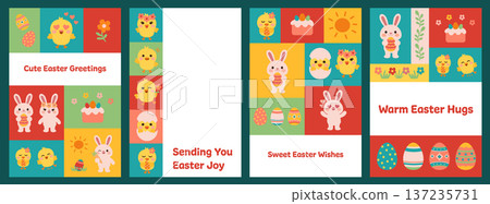 Easter greeting cards set with Cute animals and text Easter card collection flat vector illustration Set of cards with bunny chick eggs messages Easter greeting cards set with Cute animals and text Easter card collection flat vector illustration Set of cards with bunny chick eggs messages 137235731