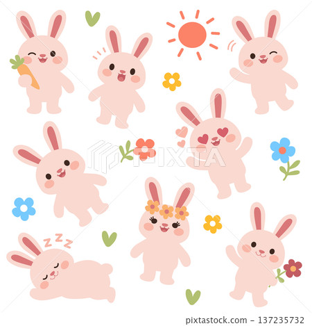 Cute bunnies in spring celebration scene Cartoon rabbits and chicks clipart with festive decorations Joyful Easter animals with flowers and eggs Cute bunnies in spring celebration scene Cartoon rabbits and chicks clipart with festive decorations Joyful Easter animals with flowers and eggs 137235732