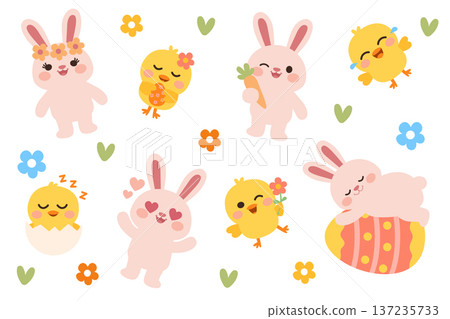 Joyful Easter animals with flowers and egg props Springtime illustration with bunnies, chicks and blossoms Adorable Easter creatures with colorful festive elements Joyful Easter animals with flowers and egg props Springtime illustration with bunnies, chicks and blossoms Adorable Easter creatures with colorful festive elements 137235733