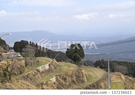 從竹野梯田的稻田上可以看到有田市和冬季的山脈,竹野梯田是日本100個最美梯田之一。 從竹野梯田的稻田上可以看到有田市和冬季的山脈,竹野梯田是日本100個最美梯田之一。 137236021