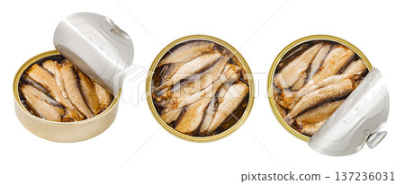 Sprats fish in oil in open round cans,  set, isolated on white background 137236031