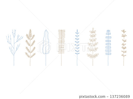 Hand-drawn line drawing illustration set 1 (blue and brown) of plants such as ferns and cycads Hand-drawn line drawing illustration set 1 (blue and brown) of plants such as ferns and cycads 137236089