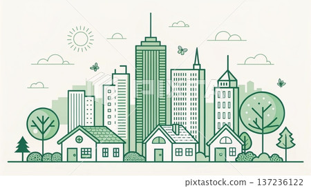 Modern eco city skyline illustration flat vector design green color 137236122