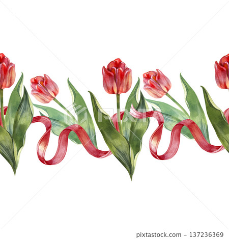 Hand-painted watercolor seamless border of vibrant red tulips and green leaves. This elegant horizontal floral ornament is perfect for spring wedding invitations, stationery, and botanical framing. Hand-painted watercolor seamless border of vibrant red tulips and green leaves. This elegant horizontal floral ornament is perfect for spring wedding invitations, stationery, and botanical framing. 137236369