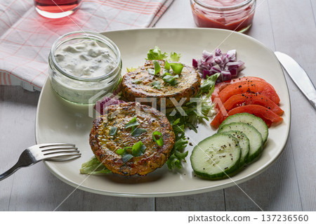Healthy Vegetable Patties with Fresh Salad and Dip Healthy Vegetable Patties with Fresh Salad and Dip 137236560