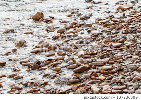 Sea surf and wet pebbles on the coast close-up Sea surf and wet pebbles on the coast close-up 137236599