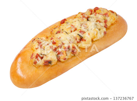 Pizza baguette with cheese and sausage isolated on white background with clipping path 137236767