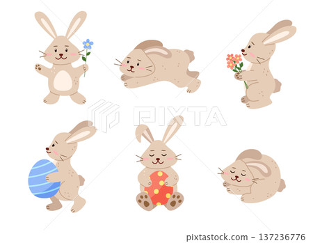 Set of cute Easter bunny, hare. Animalistic vector illustration of Easter little rabbit, hare in different pose, flowers. Print for nursery, poster and postcard. Set of cute Easter bunny, hare. Animalistic vector illustration of Easter little rabbit, hare in different pose, flowers. Print for nursery, poster and postcard. 137236776
