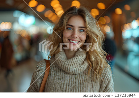Smiling Woman In Beige Sweater At Shopping Mall Smiling Woman In Beige Sweater At Shopping Mall 137236944
