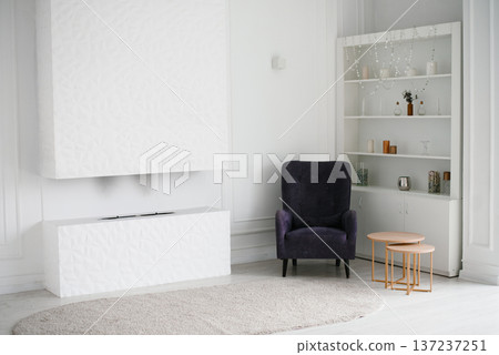Modern White Living Room Interior with Bio Fireplace and Purple Velvet Armchair 137237251