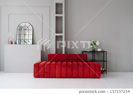 Modern Living Room Interior with Red Velvet Sofa Modern Living Room Interior with Red Velvet Sofa 137237254
