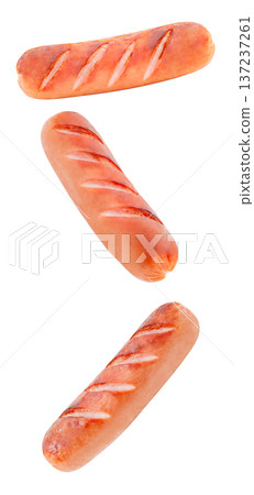 Grilled sausages, set, falling, hanging, flying, soaring, isolated on white background Grilled sausages, set, falling, hanging, flying, soaring, isolated on white background 137237261