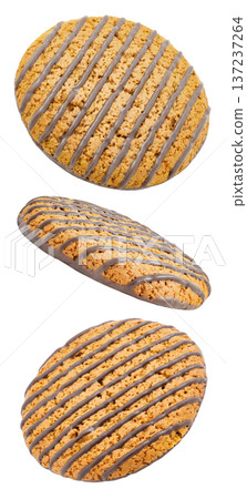 Oatmeal cookies with chocolate stripes, set falling, hanging, flying, soaring, isolated on white background 137237264
