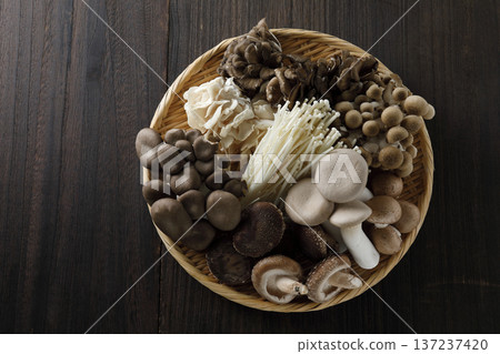 Various types of mushrooms in a colander on a wood grain background 137237420
