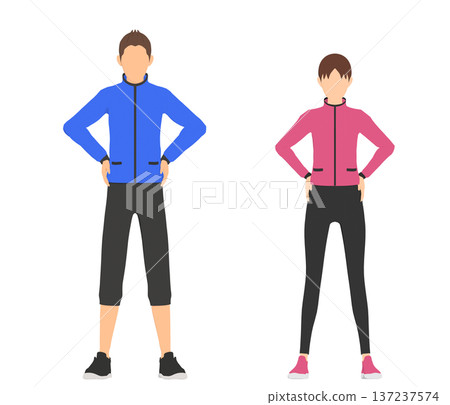 一組穿著運動服、擺出蔚藍標誌姿勢的男女插畫 一組穿著運動服、擺出蔚藍標誌姿勢的男女插畫 137237574