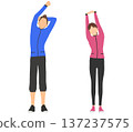 一組身穿運動服的男女伸展運動的插圖 137237575