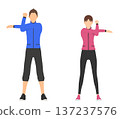 一組身穿運動服的男女伸展運動的插圖 137237576