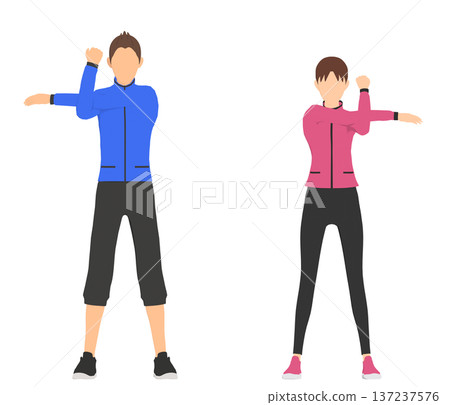 Illustration set of men and women stretching in sportswear Illustration set of men and women stretching in sportswear 137237576