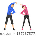 一組身穿運動服的男女進行熱身運動的插圖 137237577