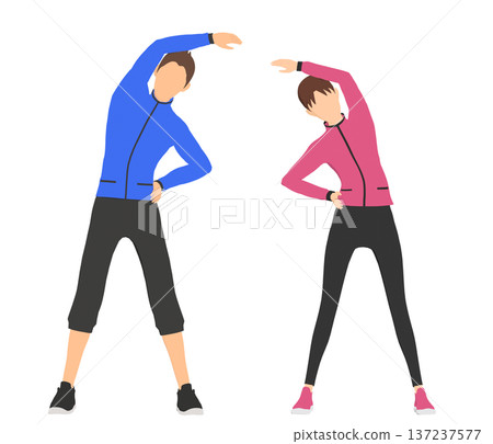 Illustration set of men and women doing warm-up exercises in sportswear Illustration set of men and women doing warm-up exercises in sportswear 137237577