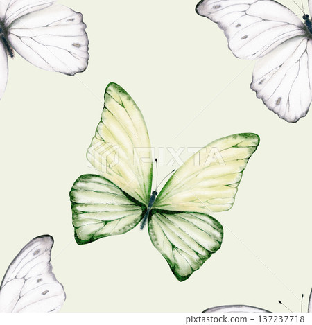 Butterfly in flight in shades of green and white in seamless pattern,symbolizing forest magic and Celtic ancestral spirits.Watercolor insect for fantasy themes,heritage branding,nature inspired art 137237718