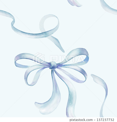 Elegant double silk bow and flowing satin ribbons in soft blue color in seamless pattern.Delicate watercolor washes,for luxury branding,wedding decor,and feminine fashion projects Elegant double silk bow and flowing satin ribbons in soft blue color in seamless pattern.Delicate watercolor washes,for luxury branding,wedding decor,and feminine fashion projects 137237732
