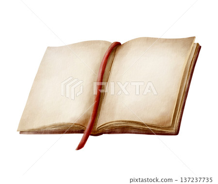 Open vintage book with aged pages and a red ribbon bookmark,symbolizing knowledge,heritage,continuity.Watercolor with warm sepia tones for libraries,educational projects,literary branding Open vintage book with aged pages and a red ribbon bookmark,symbolizing knowledge,heritage,continuity.Watercolor with warm sepia tones for libraries,educational projects,literary branding 137237735