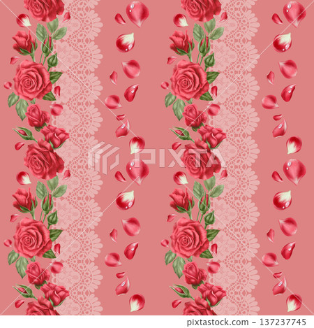 Passionate red roses,buds,scattered petals with soft pink openwork lace trim in seamless pattern.Romantic watercolor hues for Valentines Day,Mothers Day cards,wedding stationery,heartfelt celebrations Passionate red roses,buds,scattered petals with soft pink openwork lace trim in seamless pattern.Romantic watercolor hues for Valentines Day,Mothers Day cards,wedding stationery,heartfelt celebrations 137237745