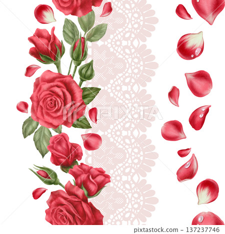 Passionate red roses,buds,scattered petals with soft pink openwork lace trim in seamless pattern.Romantic watercolor hues for Valentines Day,Mothers Day cards,wedding stationery,heartfelt celebrations Passionate red roses,buds,scattered petals with soft pink openwork lace trim in seamless pattern.Romantic watercolor hues for Valentines Day,Mothers Day cards,wedding stationery,heartfelt celebrations 137237746