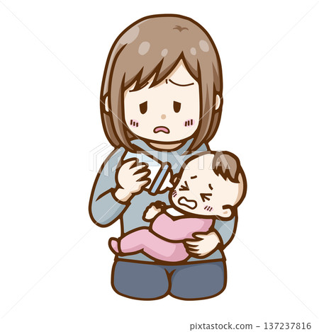 圖：一位疲憊的母親抱著哭泣的嬰兒和奶瓶（育兒壓力、產後憂鬱） 137237816