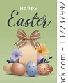 Easter eggs pastel flowers gift tag brown bow green background holiday decoration greeting card template 137237992