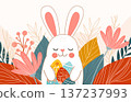 Easter bunny holding decorated eggs surrounded by colorful spring flowers and leaves pastel palette flat background 137237993