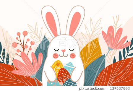 Easter bunny holding decorated eggs surrounded by colorful spring flowers and leaves pastel palette flat background Easter bunny holding decorated eggs surrounded by colorful spring flowers and leaves pastel palette flat background 137237993