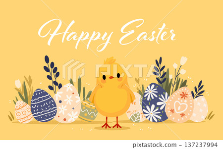 Easter chick with decorated eggs spring flowers pastel yellow background festive holiday greeting card Easter chick with decorated eggs spring flowers pastel yellow background festive holiday greeting card 137237994