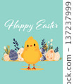 Easter chick with decorated eggs spring flowers pastel background festive holiday scene website banner template 137237999