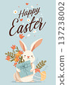 Easter bunny holding gift flowers decorated eggs spring plants pastel blue background festive holiday card 137238002