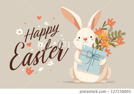 Easter bunny holding gift box with flowers spring floral bouquet pastel background decorative hearts and daisies holiday greeting card Easter bunny holding gift box with flowers spring floral bouquet pastel background decorative hearts and daisies holiday greeting card 137238003