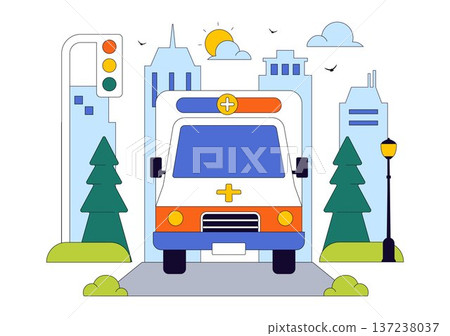 Emergency Ambulance Vehicle Vector Illustration Featuring Response To An Accident Scene With Paramedics And Flashing Siren Lights Background 137238037
