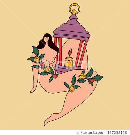 Fantasy Siren with Flowers and Candle Lantern Fantasy Siren with Flowers and Candle Lantern 137238128